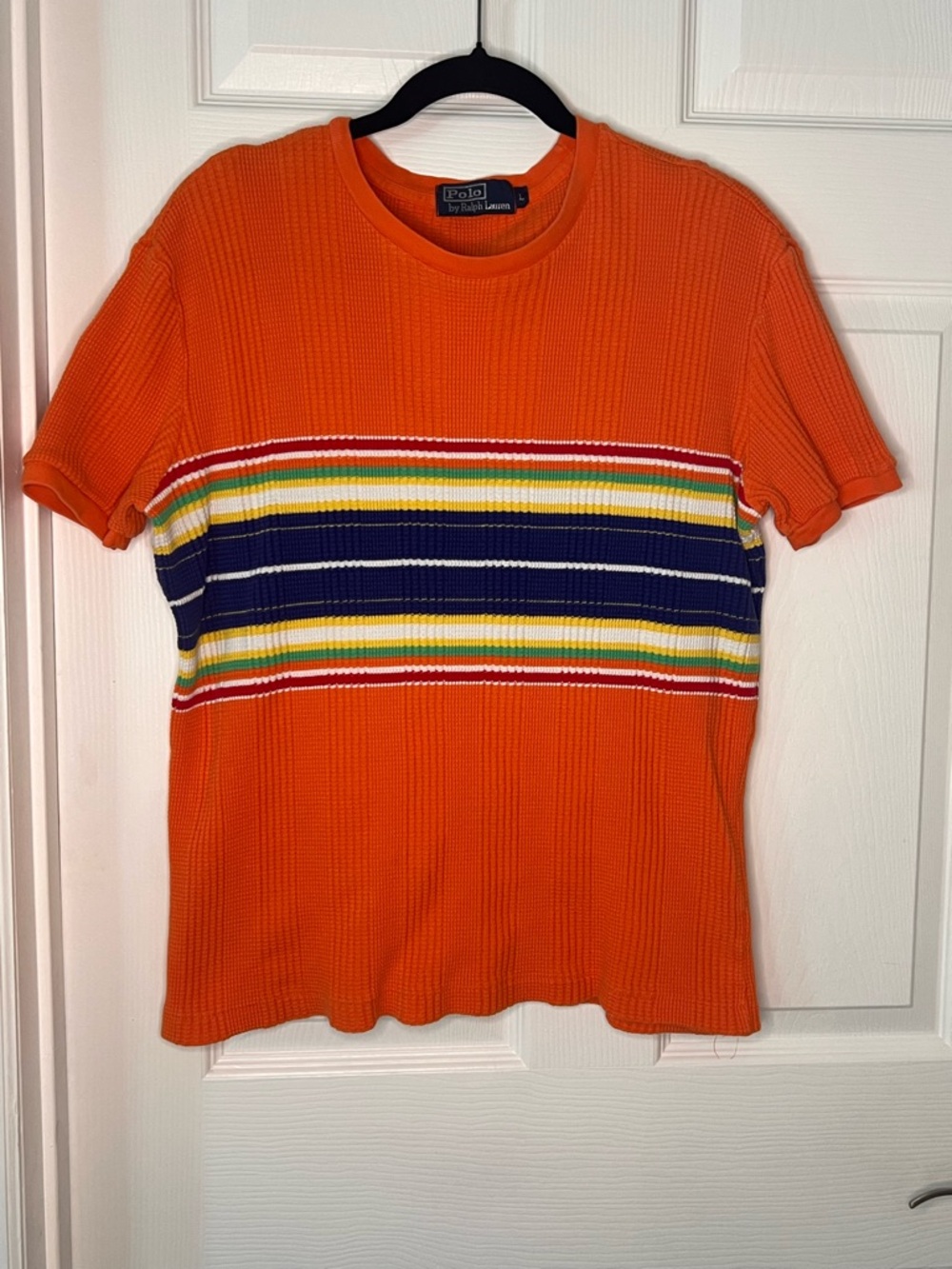 Ralph Lauren Orange Short-Sleeve Knit Tee with Multi-Color Stripes